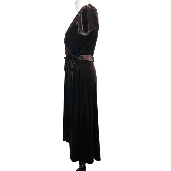 DKNY Women’s Brown Velvet Faux-Wrap Flutter-Sleeve Dress Midi Belted Womens 10 - Picture 6 of 12